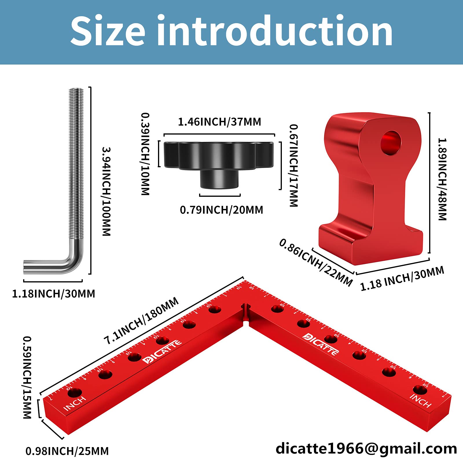 Dicatte right-angle clamp shows 180 mm scale on back for versatile measuring