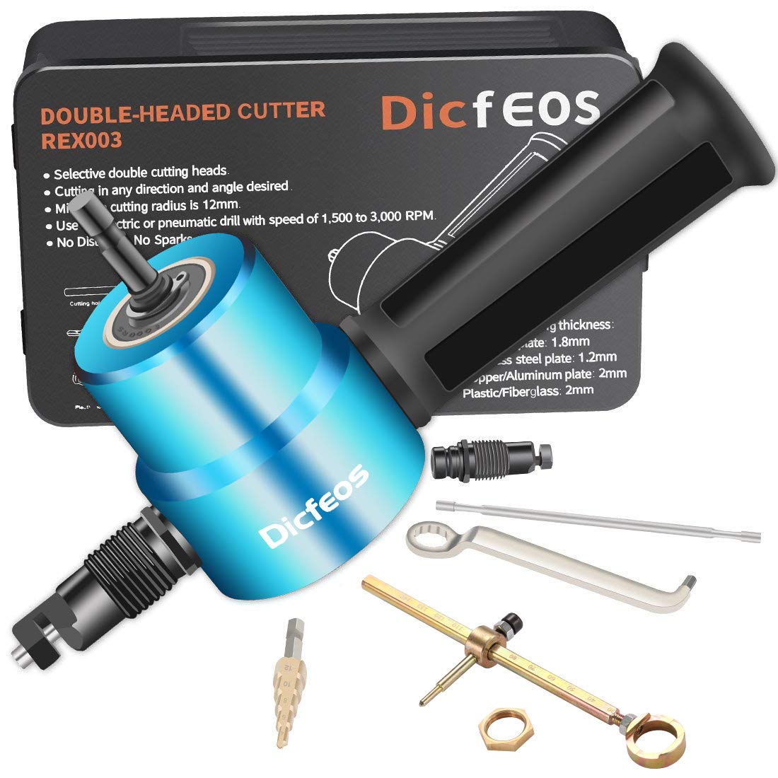 Dicfeos double head nibbler front view showcases sturdy build for metal cutting.