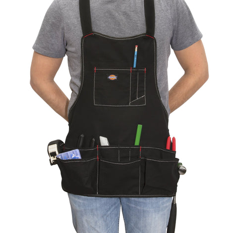 Dickies 16-pocket bib apron adjustable belt close-up shows waist range performance