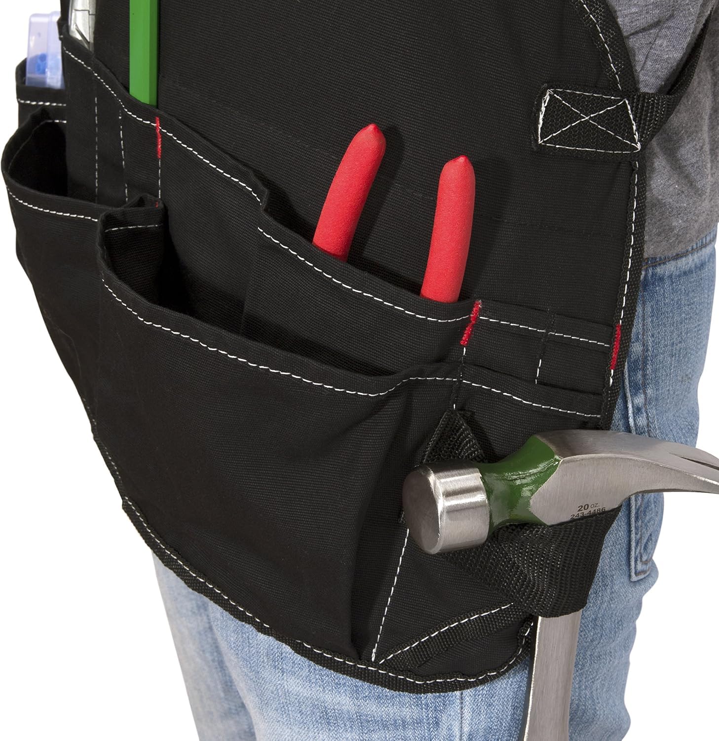 Dickies 16-pocket bib apron chest pockets close-up highlights notepad and pen access