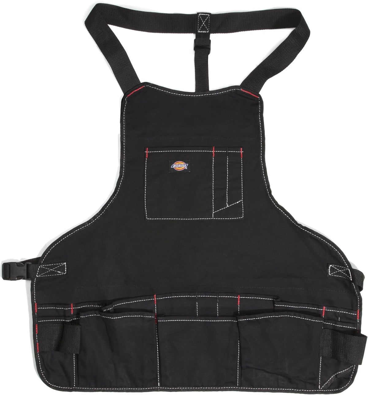 Dickies 16-pocket workshop bib apron front view shows organized tool storage