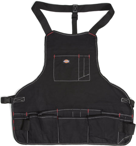 Dickies 16-pocket workshop bib apron front view shows organized tool storage