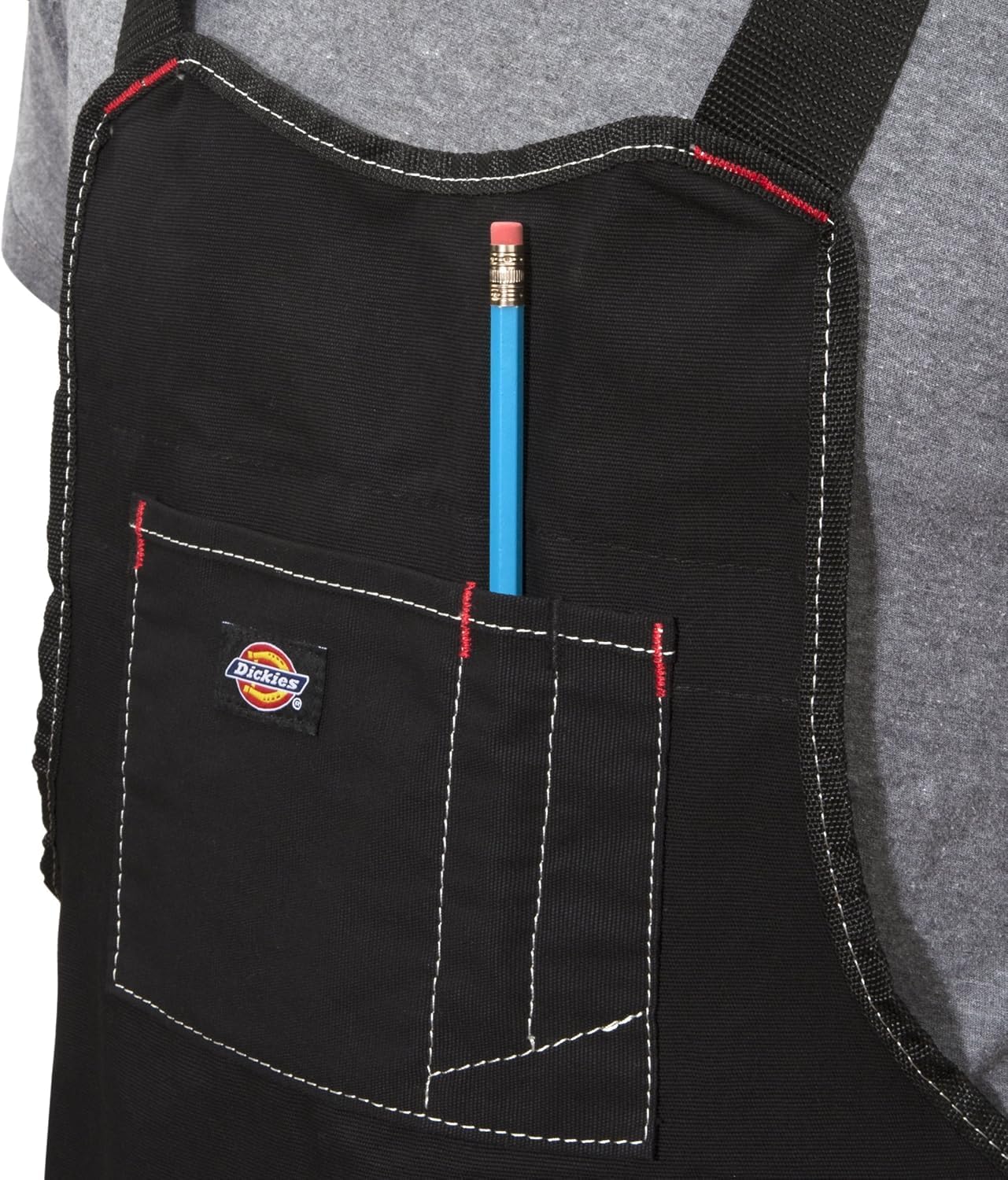 Dickies 16-pocket workshop bib apron hammer loops close-up shows quick tool access