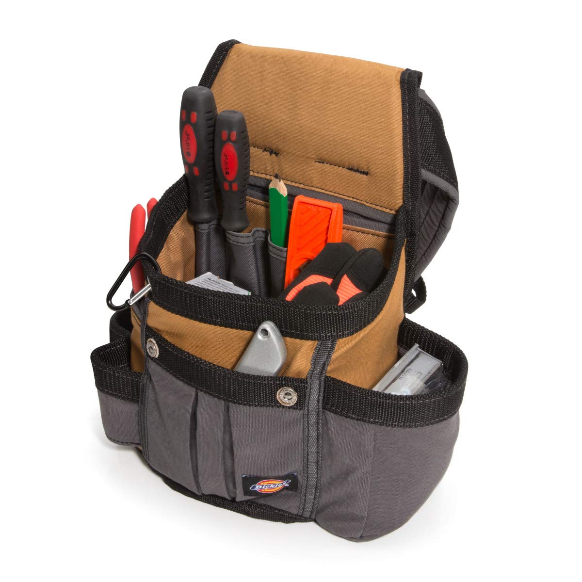 Dickies tool belt side view highlights exterior zip pocket for secure small items