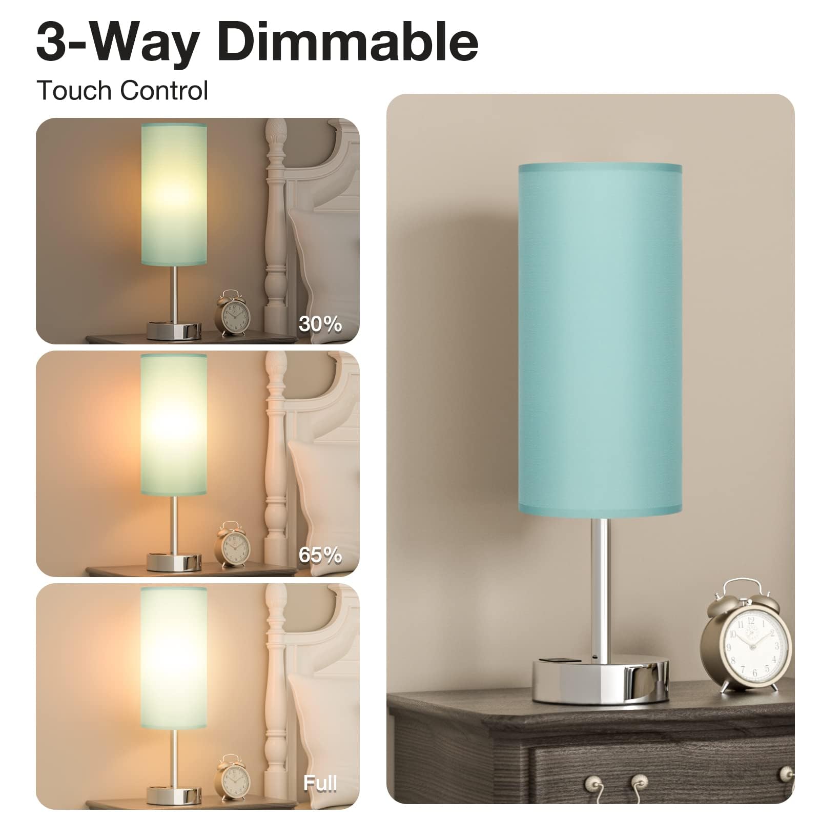 Dicoool Teal Touch Bedside Lamp showing 3-way dimming ideal for reading.