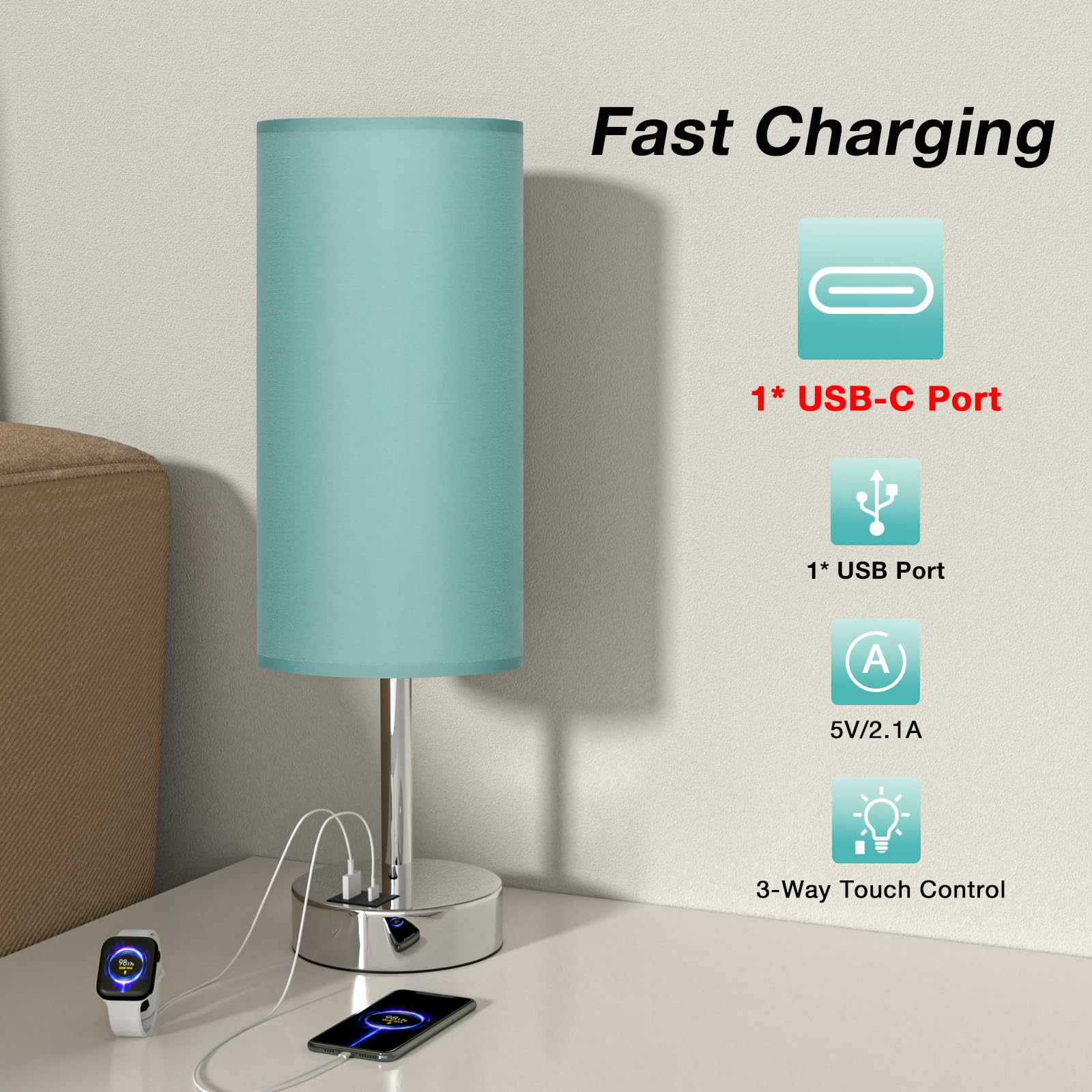 Dicoool Teal Touch Bedside Lamp suited for dorm rooms and offices.