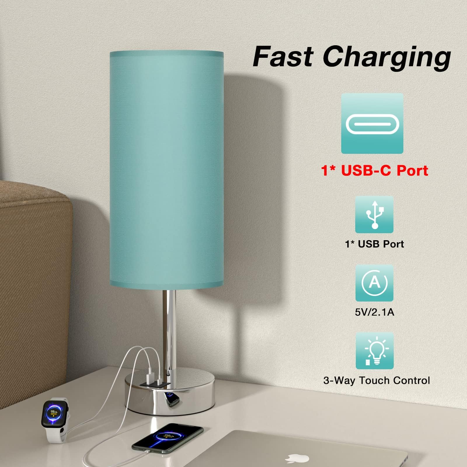 Dicoool Teal Touch Bedside Lamp with fabric shade enhances bedroom ambiance.