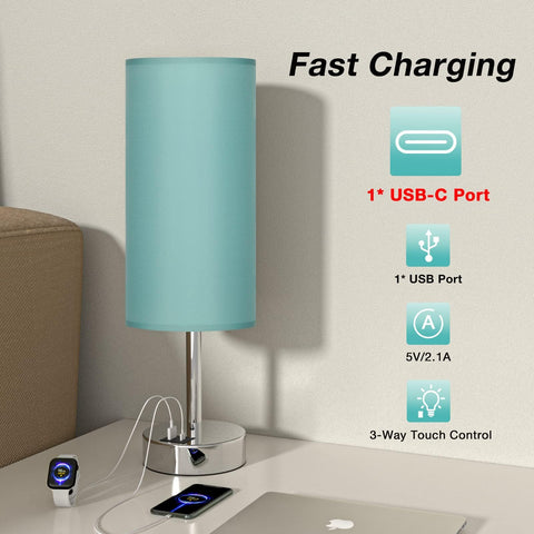 Dicoool Teal Touch Bedside Lamp with fabric shade enhances bedroom ambiance.
