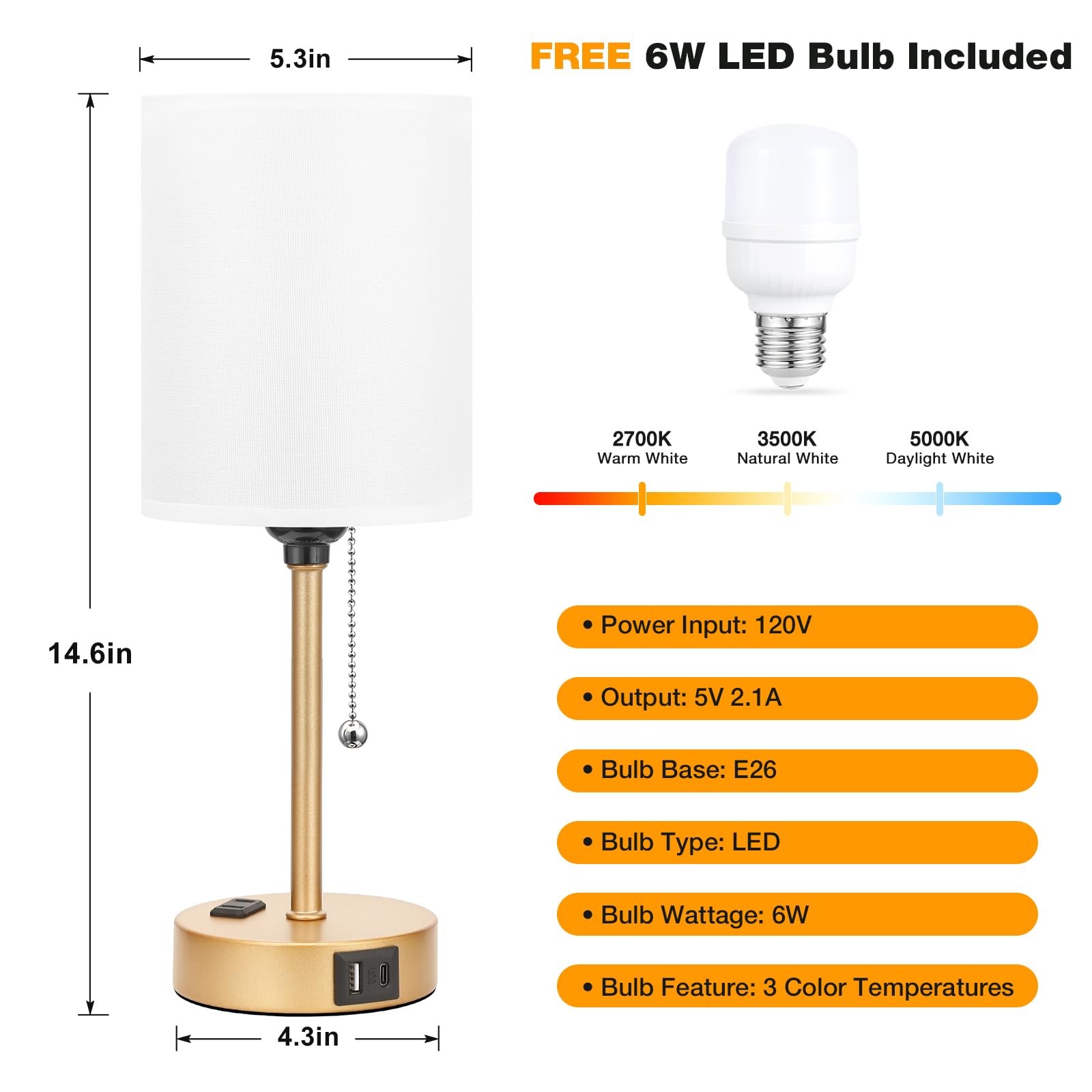 Included 6W LED bulb delivers bright light with cooler energy use.