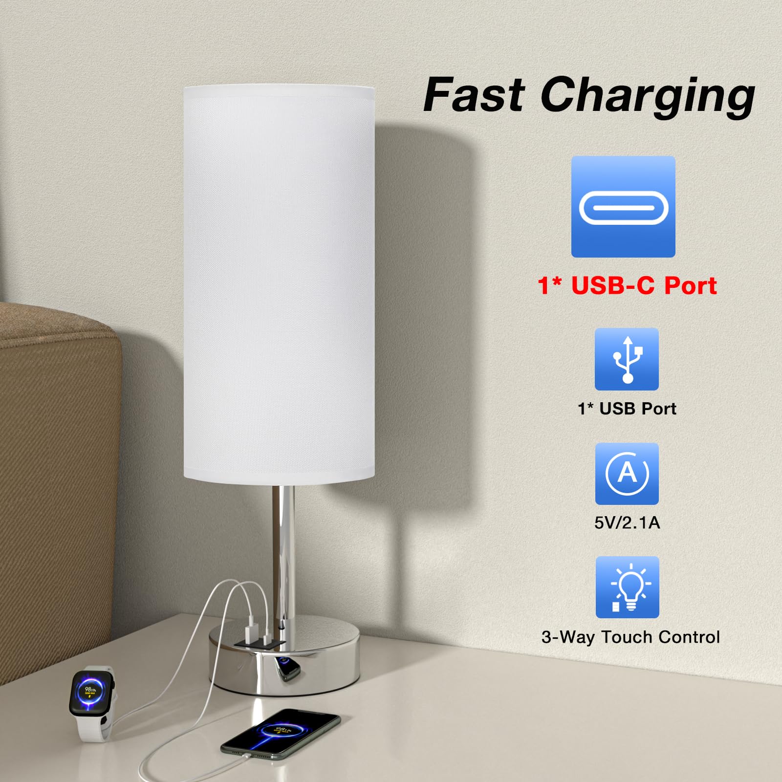 Dicoool bedside lamp showing 3-way touch dimming for customizable light.