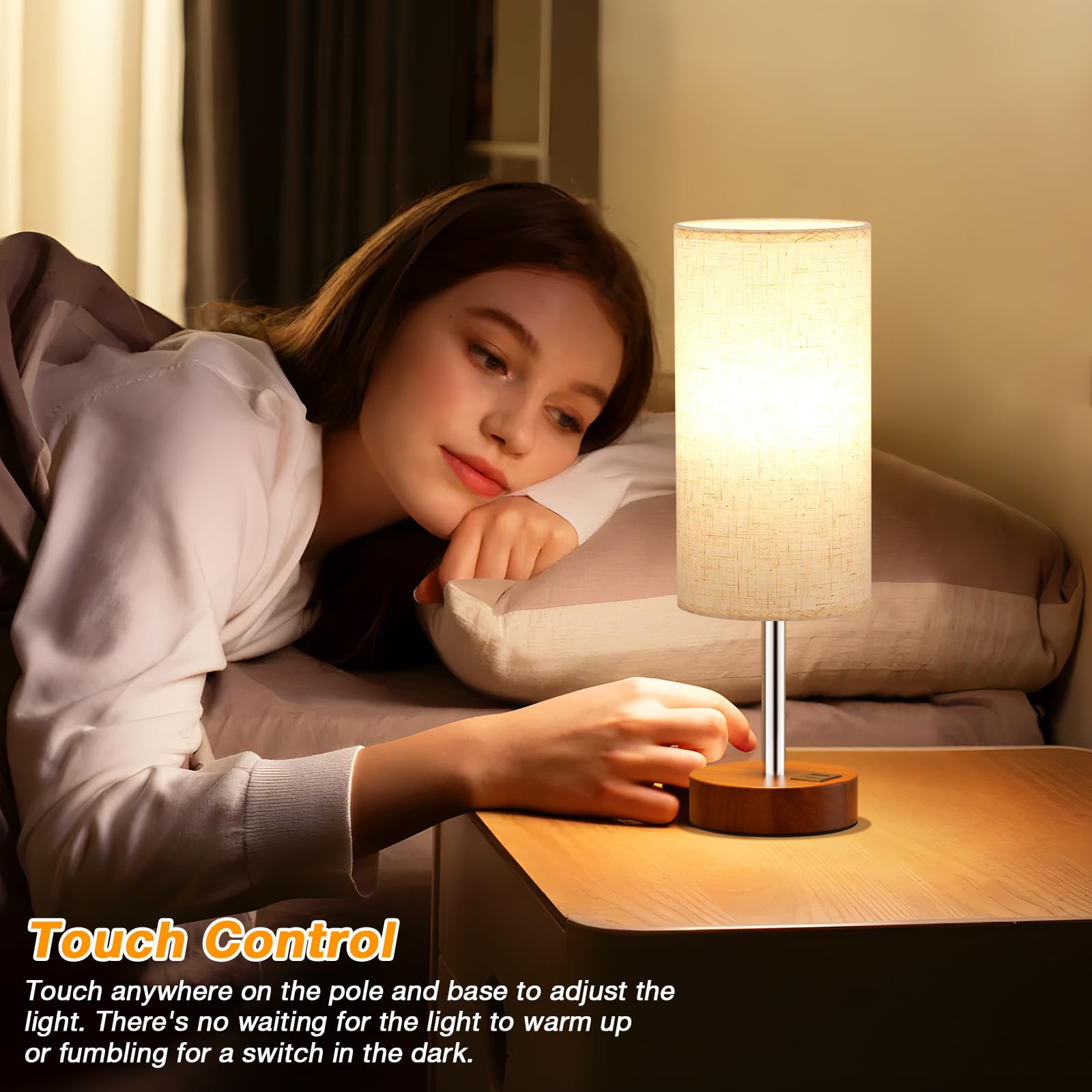 Dicoool bedside lamp showing USB-A and USB-C charging for devices.