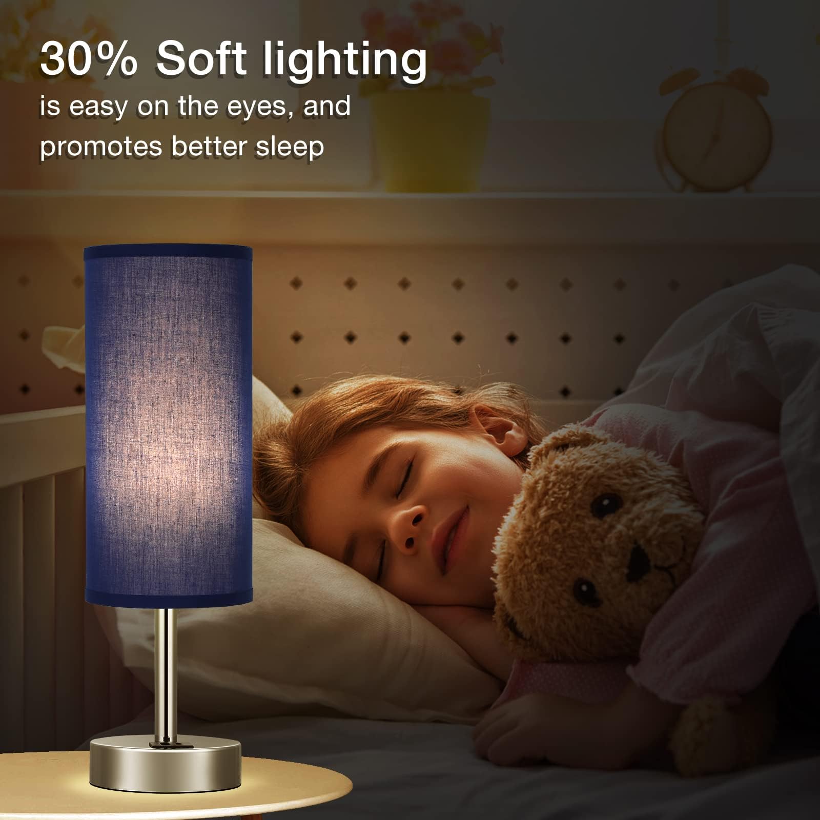 Dicoool Navy Blue Touch Lamp on a bedside table for easy charging and reading