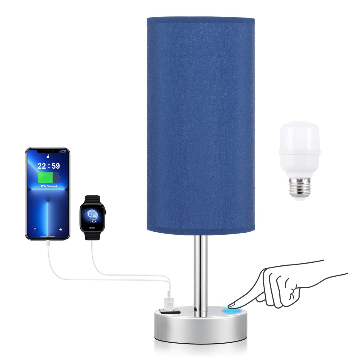 Dicoool Navy Blue Touch Lamp base with USB-C port for charging
