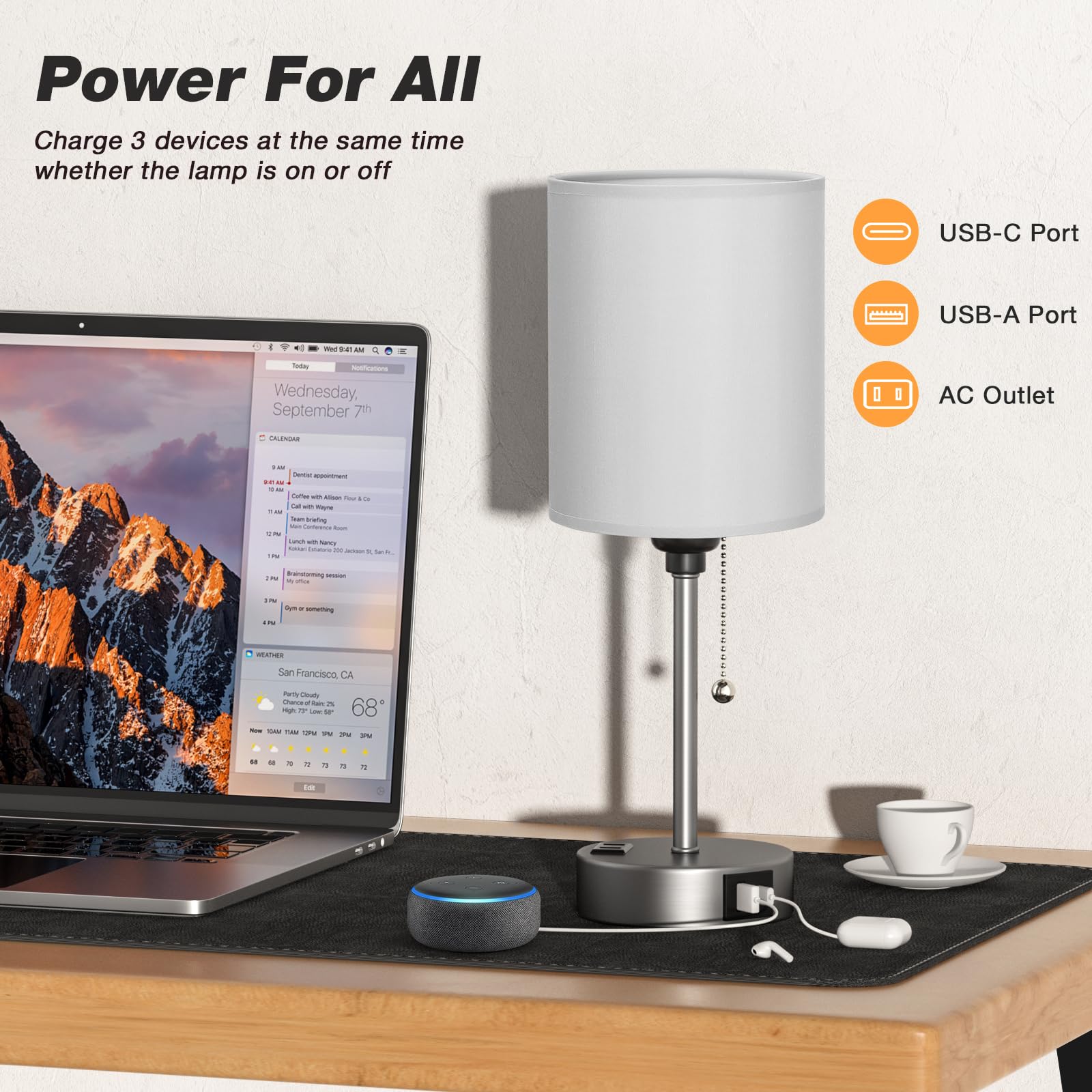 Dicoool nightstand lamp with USB-C, USB-A ports and AC outlet for convenient charging