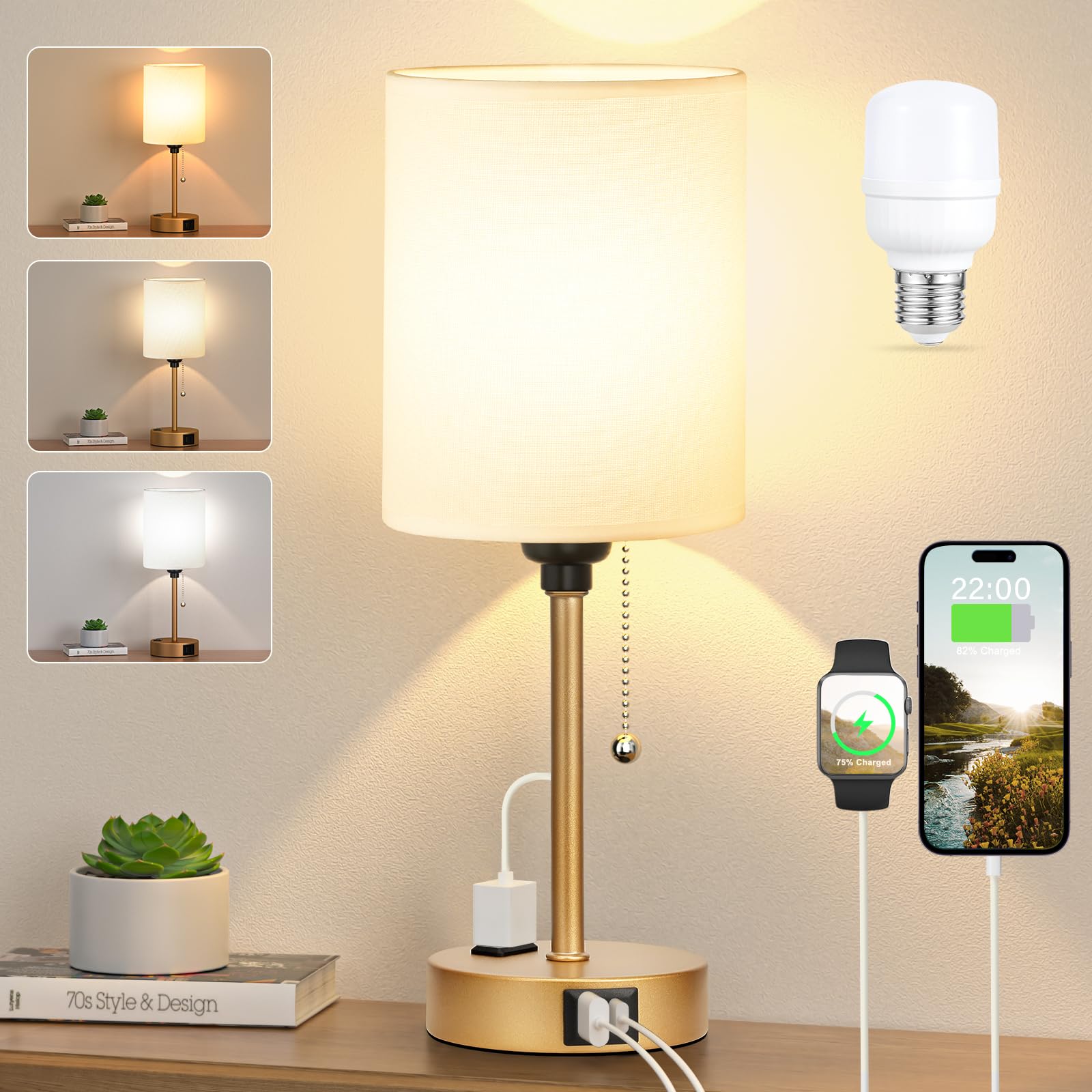 Dicoool small bedside lamp with a gold base offers warm to daylight options.