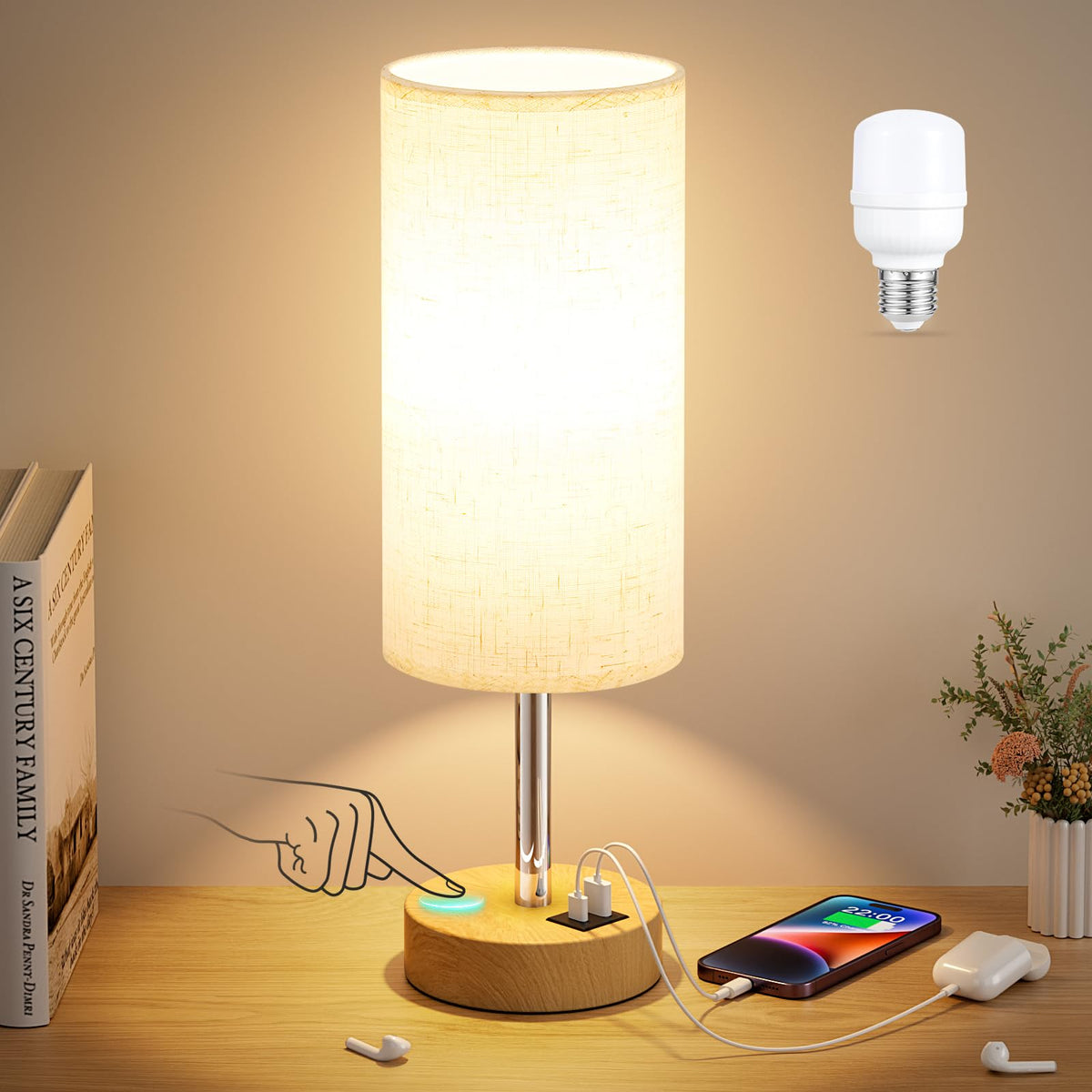 Dicoool touch bedside lamp with USB charging for easy night charging.