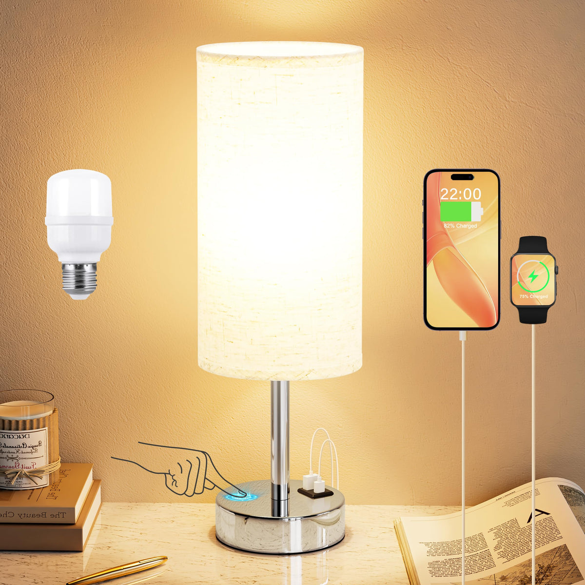 Dicoool Touch Table Lamp base with USB ports for bedside charging.