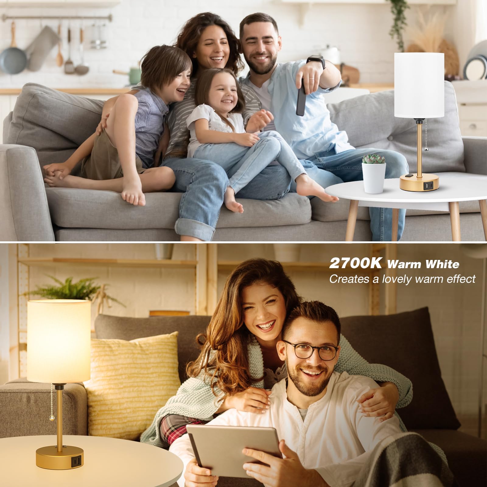 Dicoool nightstand lamp features USB-C, USB, and outlet for charging devices.