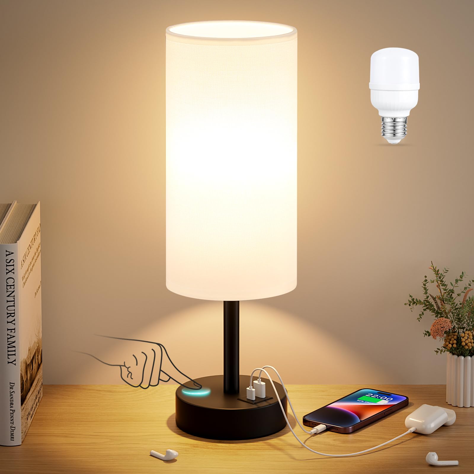 Dicoool white touch table lamp closeup with responsive touch control for quick lighting.