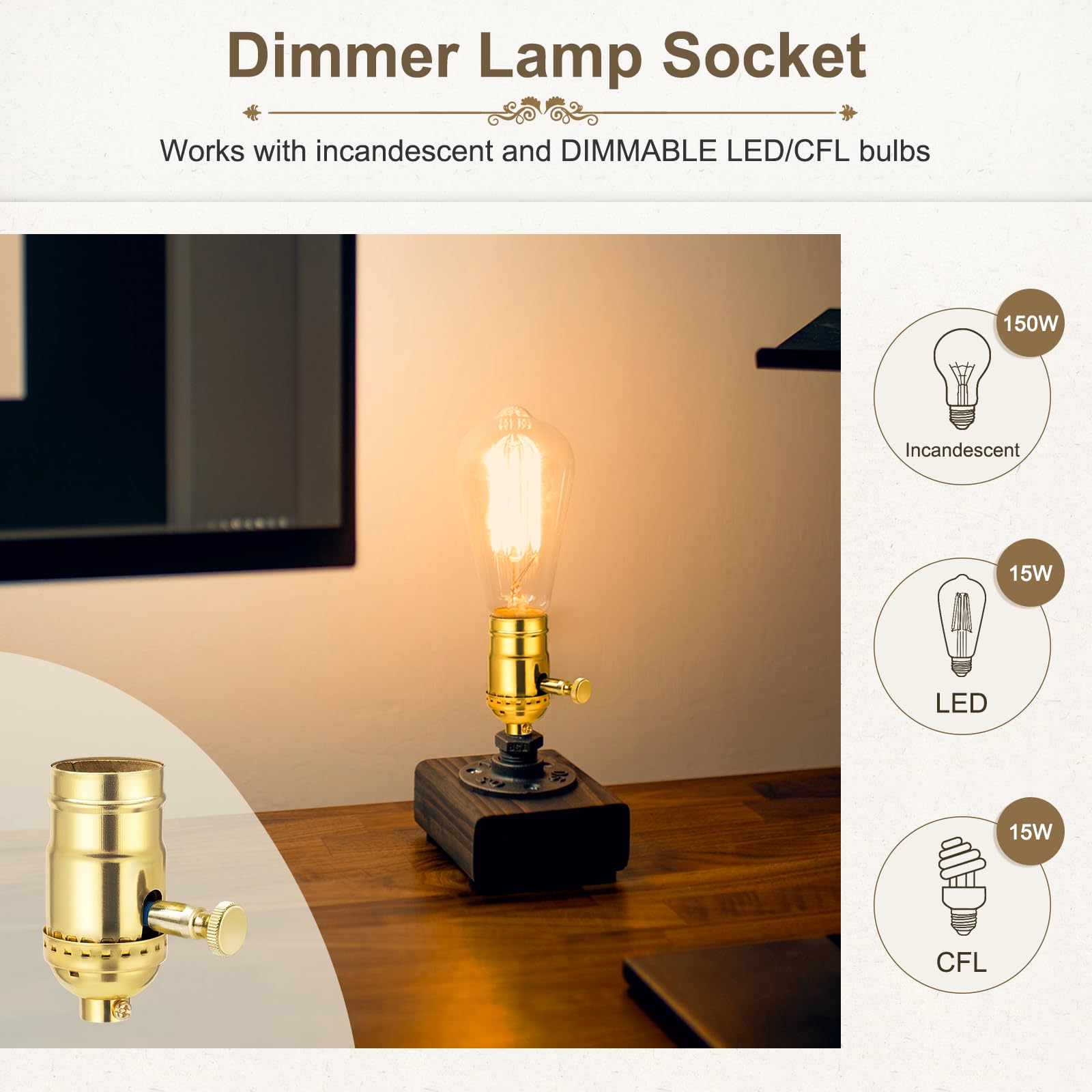 DiCUNO antique dimmer socket adds vintage charm.
