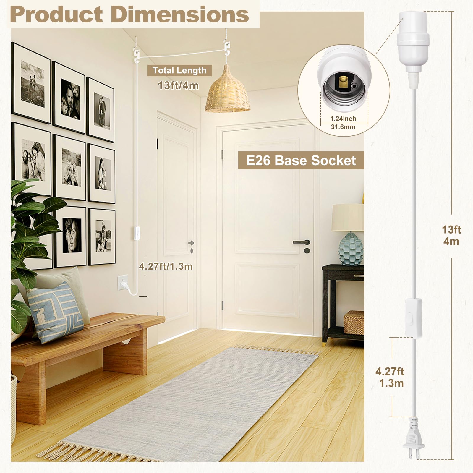 DiCUNO E26 pendant socket cord assembly enabling overhead lighting