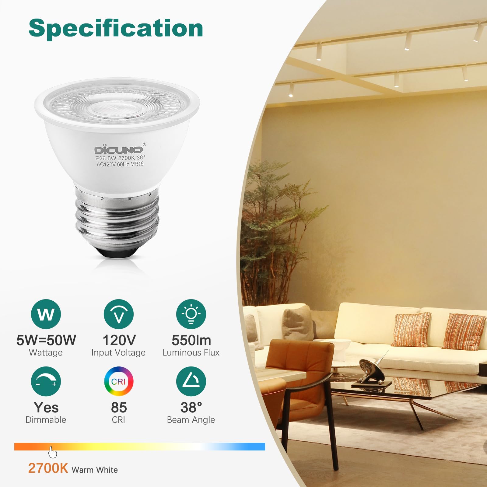 DiCUNO PAR16 LED bulb emits warm 2700K light for inviting spaces.