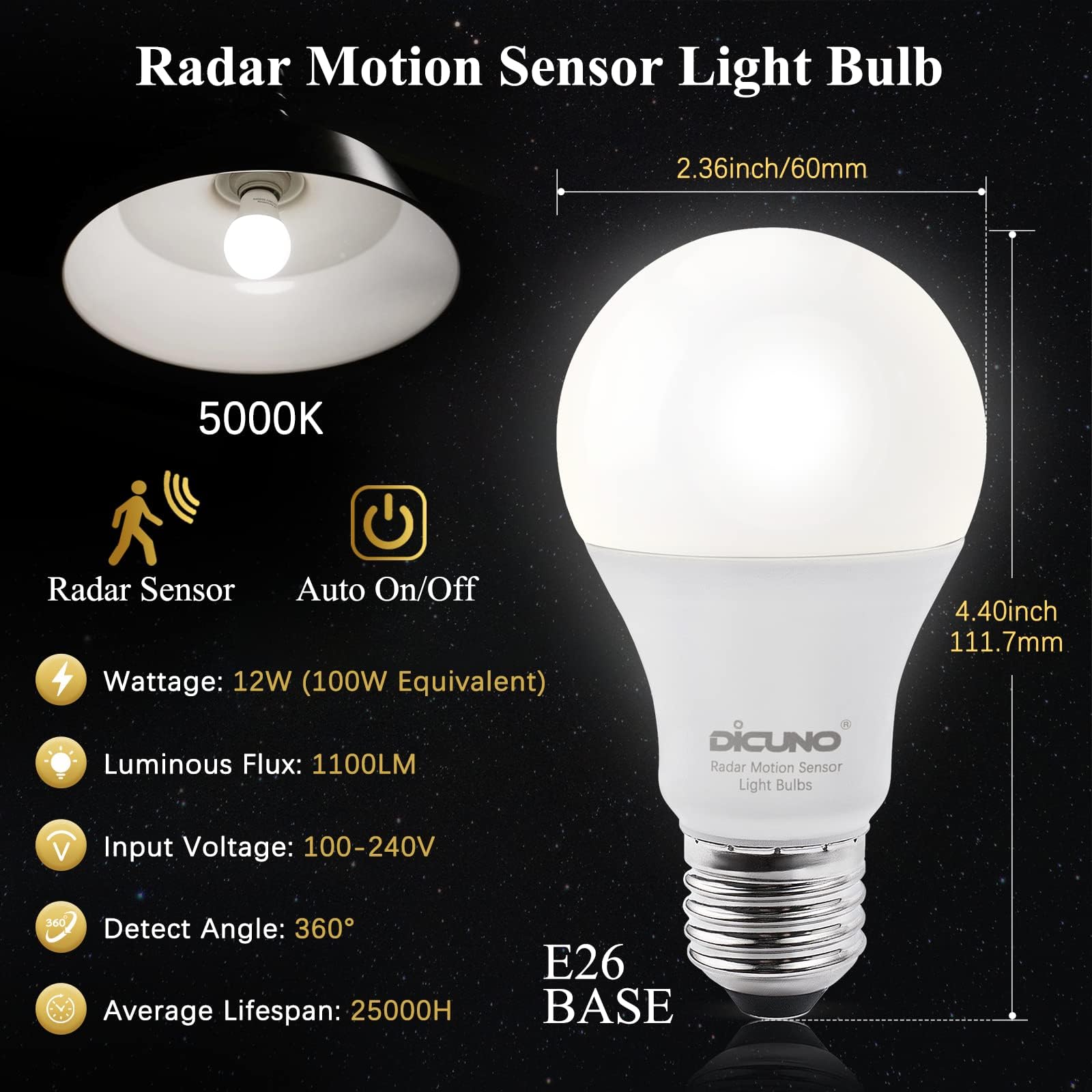 DiCUNO radar motion sensor light bulb brightening the garage entry automatically