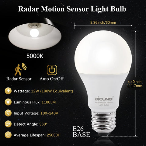 DiCUNO radar motion sensor light bulb brightening the garage entry automatically