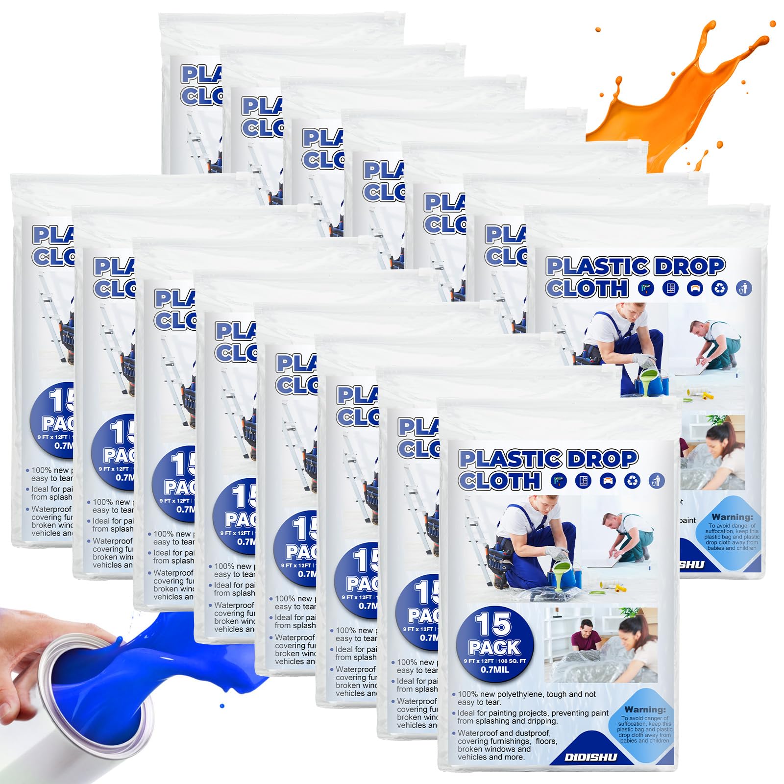DIDISHU 15-pack drop cloths cover 9x12 feet, protecting floors during painting.