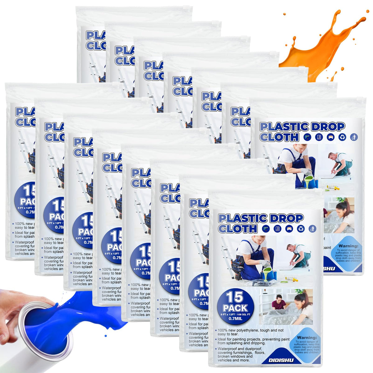 DIDISHU 15-pack drop cloths cover 9x12 feet, protecting floors during painting.