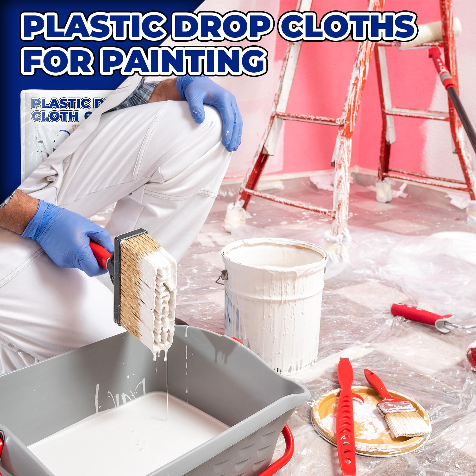 Disposable painters drop cloths pack ready for quick setup.