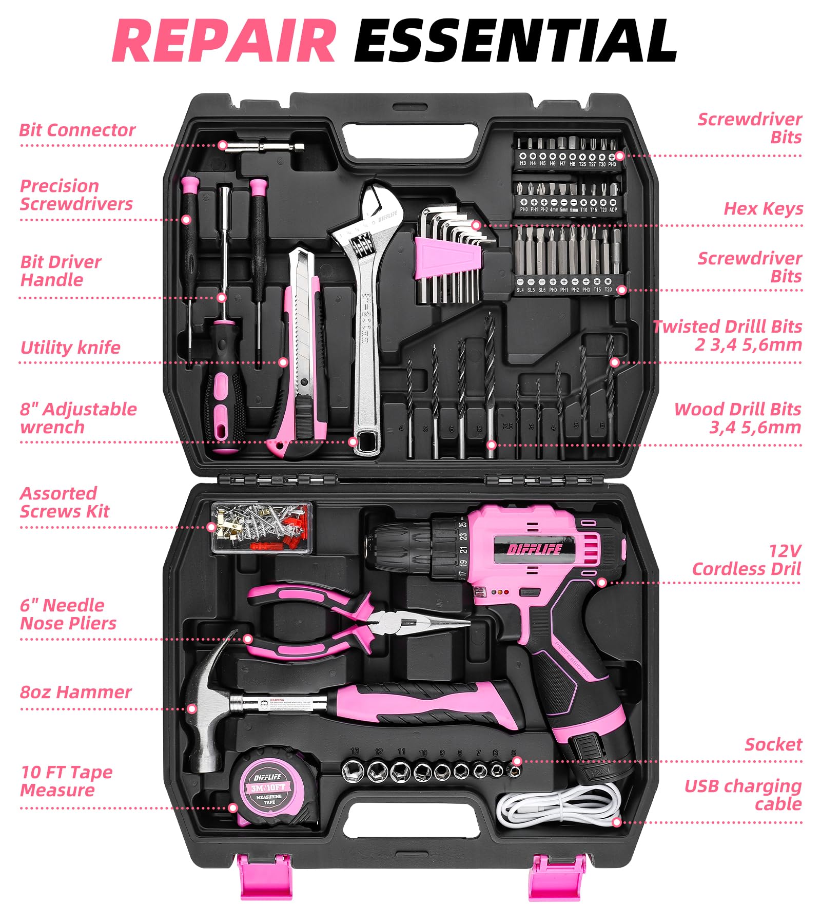 DIFFLIFE 147-piece pink tool kit contents ideal for complete home projects