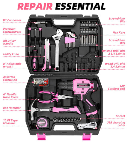 DIFFLIFE 147-piece pink tool kit contents ideal for complete home projects