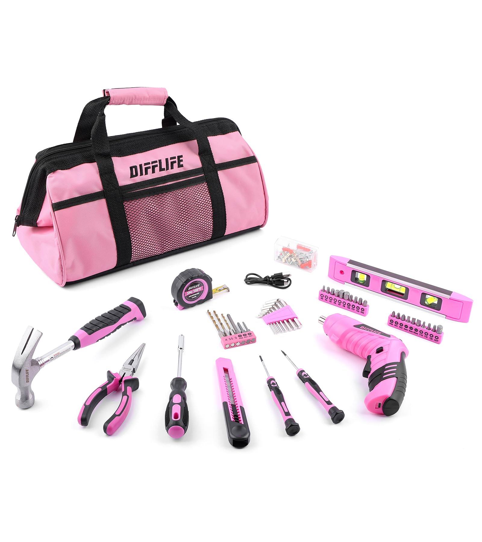 DIFFLIFE Pink Tool Set collection neatly arranged for quick home repairs