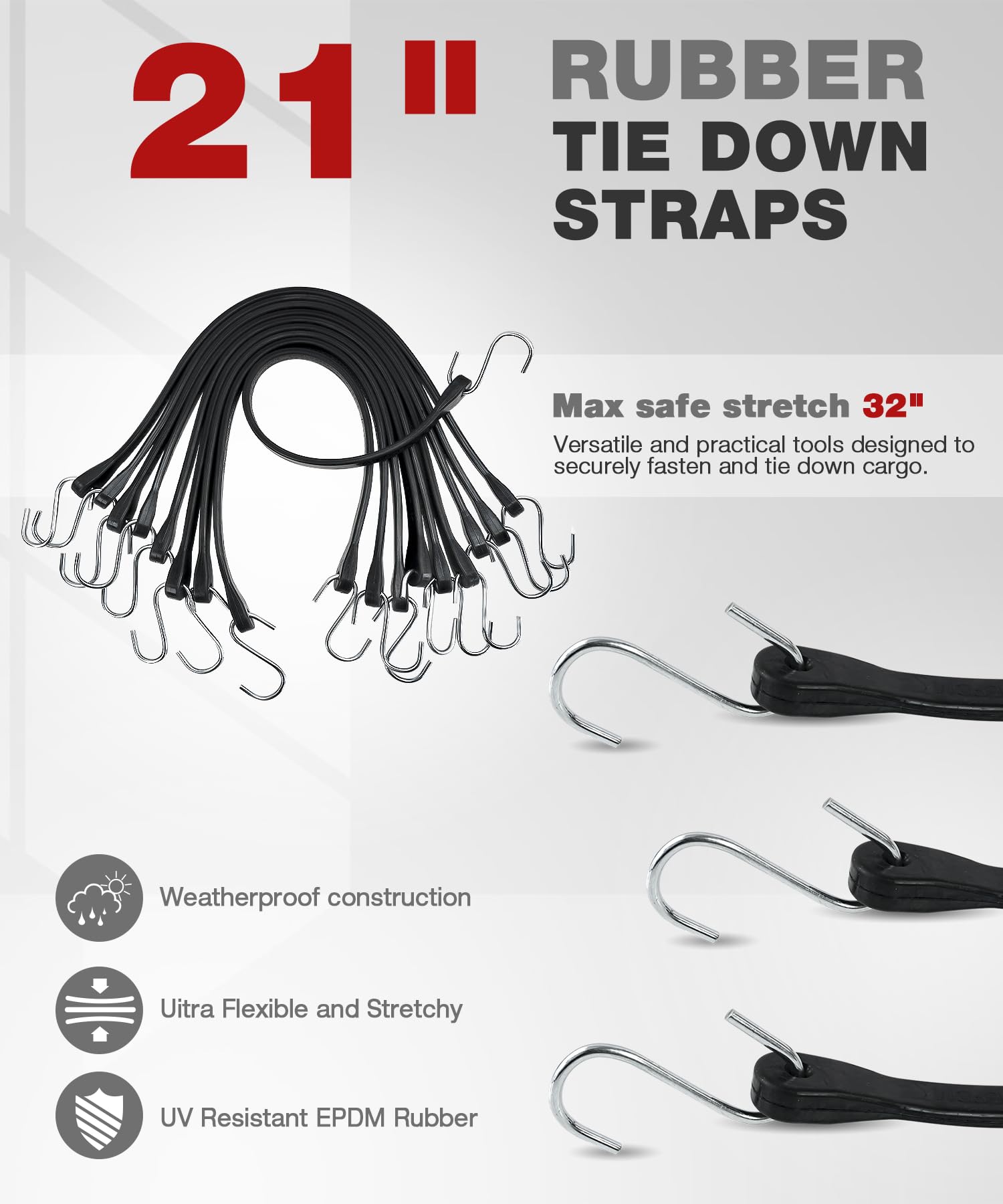Digank 21 Inch Bungee Cords with Metal S Hooks rust resistant grip for wet environments