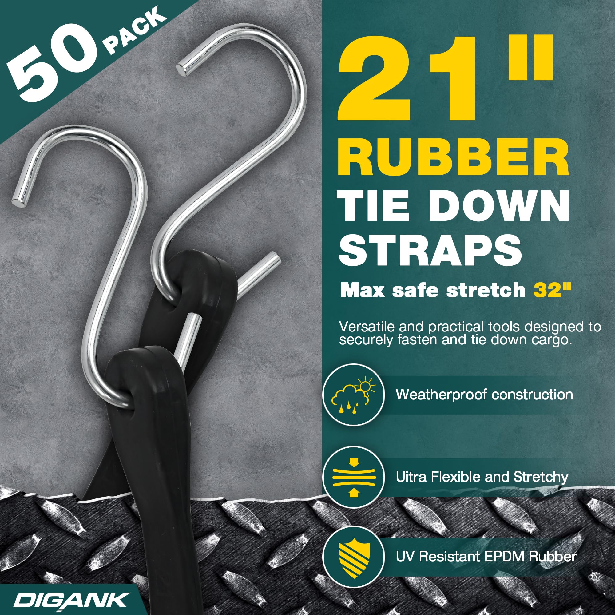 Digank bungee cords with crimped S-hooks for quick, tight fastening.