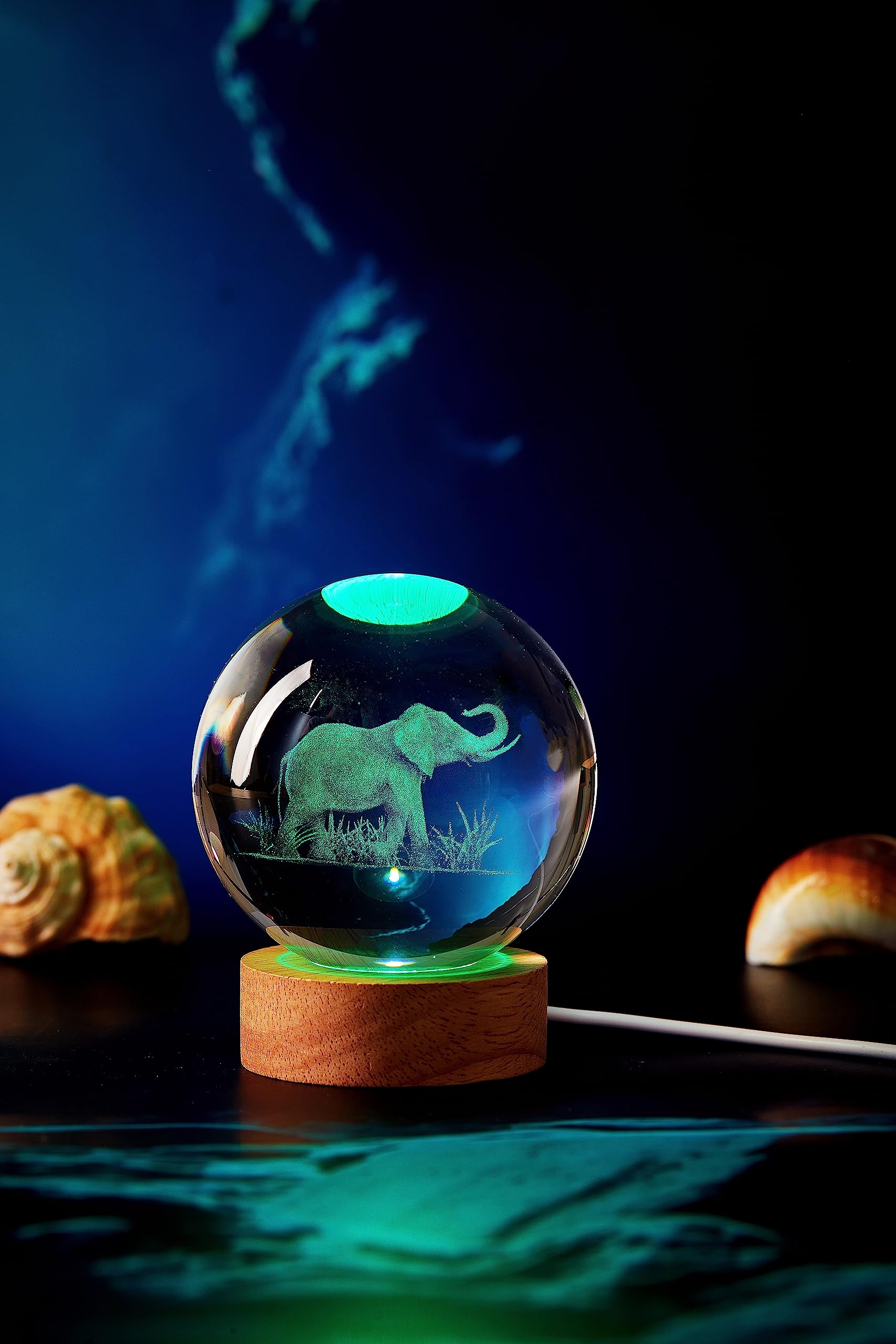 DIGFPWT elephant crystal ball lamp USB powered with wooden base energy efficient