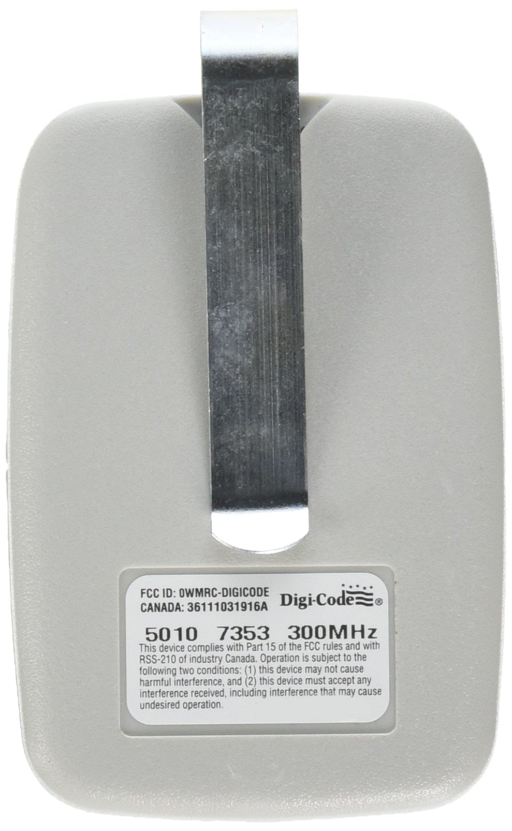 Digi-Code 5010 transmitter close-up shows clear button for reliable use