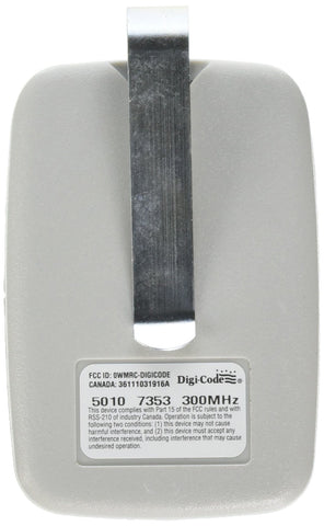 Digi-Code 5010 transmitter close-up shows clear button for reliable use