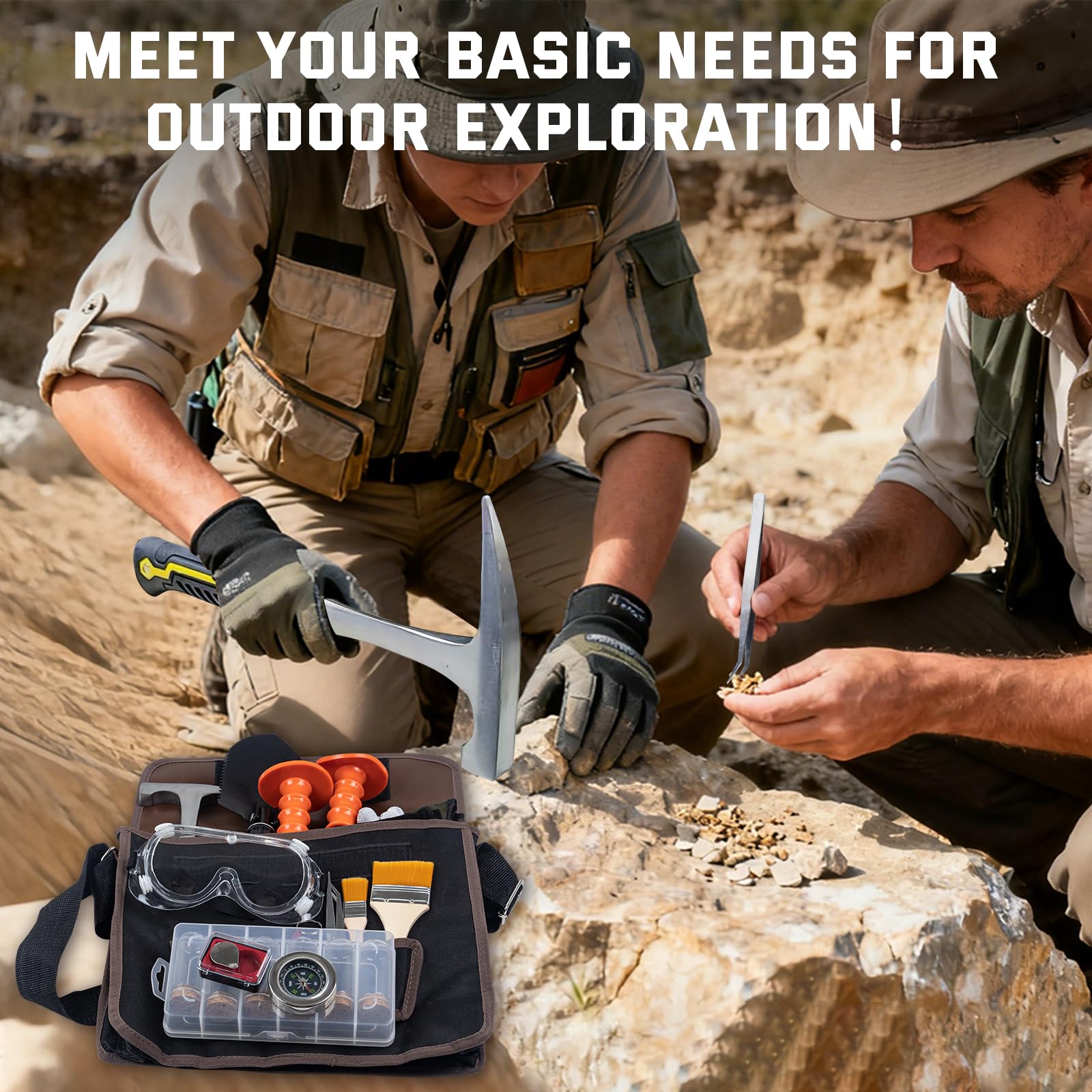 DigNew magnifier and compass aiding mineral inspection and navigation.