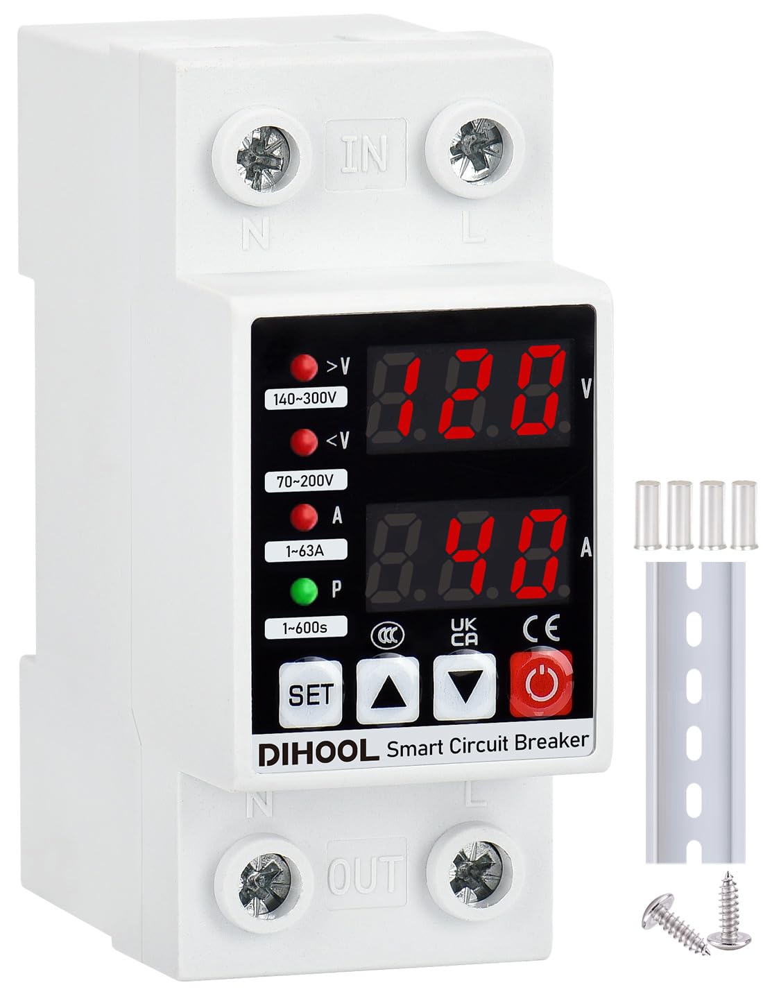 DIHOOL adjustable voltage protector front view, compact design for home electrical safety.