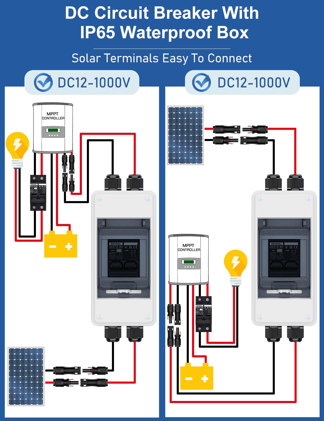 Dihool DC1000V switch in operation demonstrates non-polarized installation flexibility.