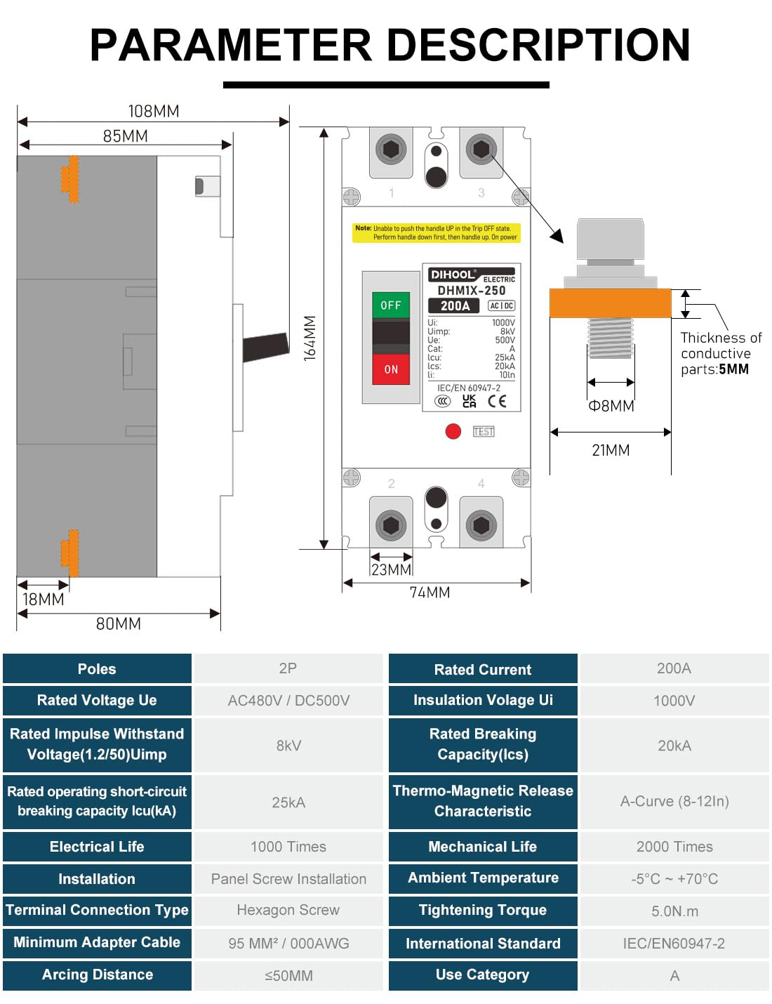 DIHOOL DC 200A breaker closeup of stationary and moving contacts for high conductivity