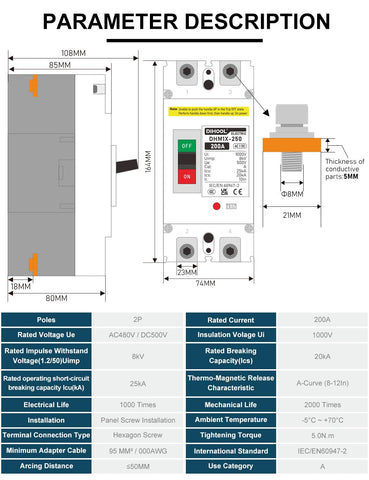 DIHOOL DC 200A breaker closeup of stationary and moving contacts for high conductivity