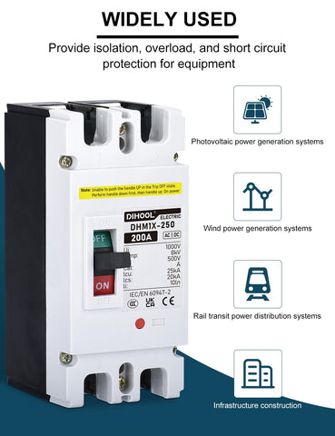 DIHOOL DC 200A breaker in slot demonstrates plug-and-play mounting in electrical enclosures