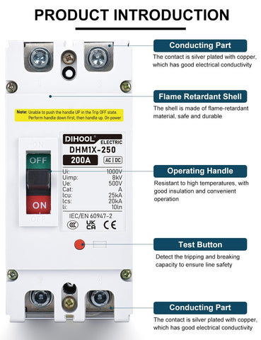DIHOOL DC 200A breaker label detail helps quick identification of settings and limits