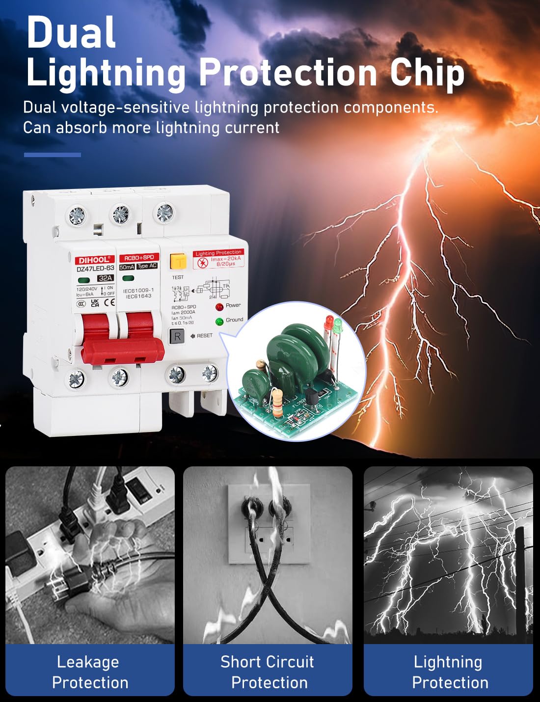 DIHOOL ground fault test button enables easy verification of protection.