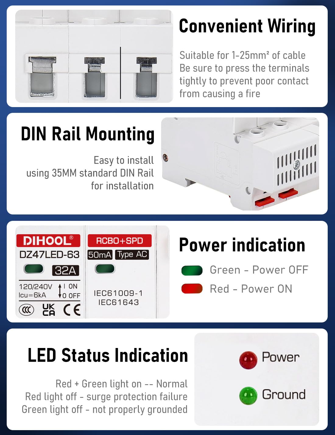 DIHOOL power and ground LED show operation status at a glance.