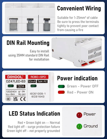 DIHOOL power and ground LED show operation status at a glance.