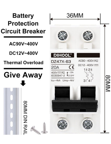 Dihool 20A 2-pole switch with DIN-rail clip ensures secure, vibration-resistant mounting.
